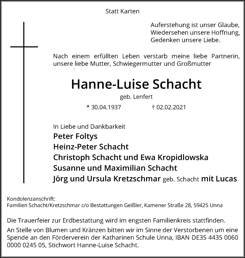  Traueranzeige für Hanne-Luise Schacht vom 04.02.2021 aus Hellweger Anzeiger