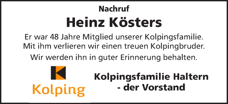  Traueranzeige für Heinz Kösters vom 02.02.2021 aus Ruhr Nachrichten und Halterner Zeitung