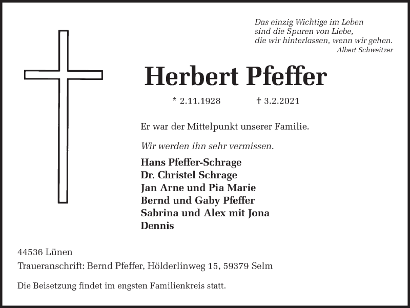  Traueranzeige für Herbert Pfeffer vom 08.02.2021 aus Ruhr Nachrichten