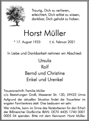 Traueranzeige von Horst Müller von Hellweger Anzeiger