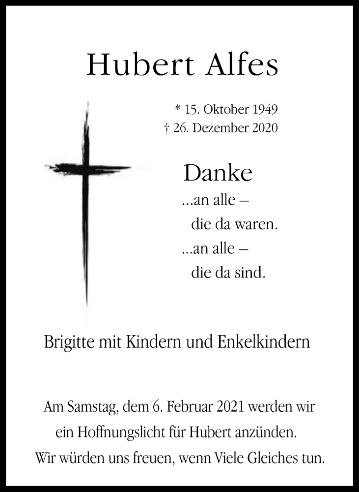  Traueranzeige für Hubert Alfes vom 05.02.2021 aus Ruhr Nachrichten und Dorstener Zeitung