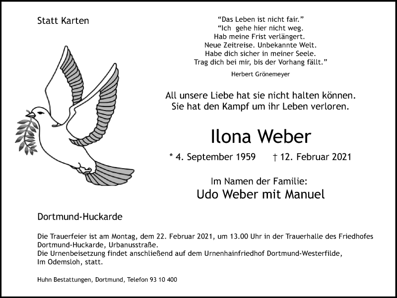  Traueranzeige für Ilona Weber vom 17.02.2021 aus 