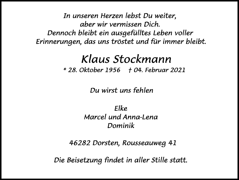  Traueranzeige für Klaus Stockmann vom 11.02.2021 aus Ruhr Nachrichten und Dorstener Zeitung