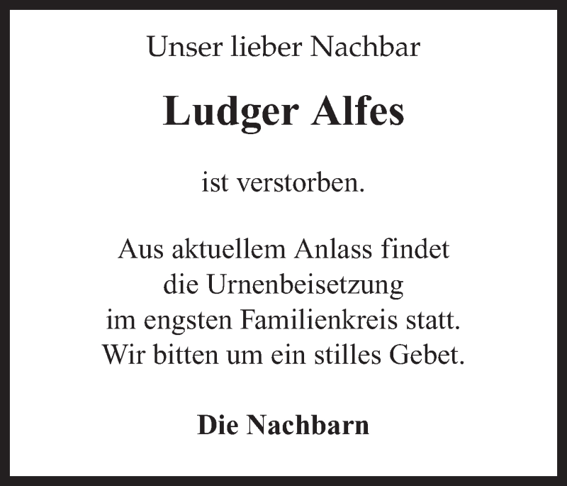  Traueranzeige für Ludger Alfes vom 18.02.2021 aus Ruhr Nachrichten und Dorstener Zeitung