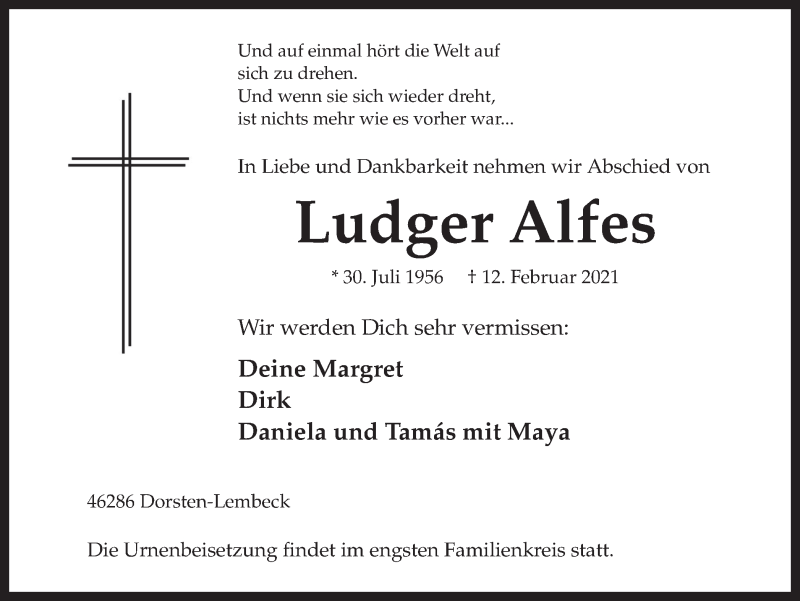  Traueranzeige für Ludger Alfes vom 17.02.2021 aus Ruhr Nachrichten und Dorstener Zeitung