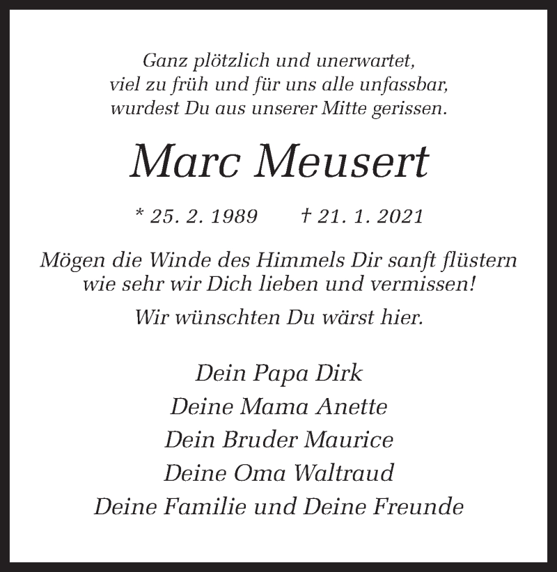  Traueranzeige für Marc Meusert vom 06.02.2021 aus Ruhr Nachrichten