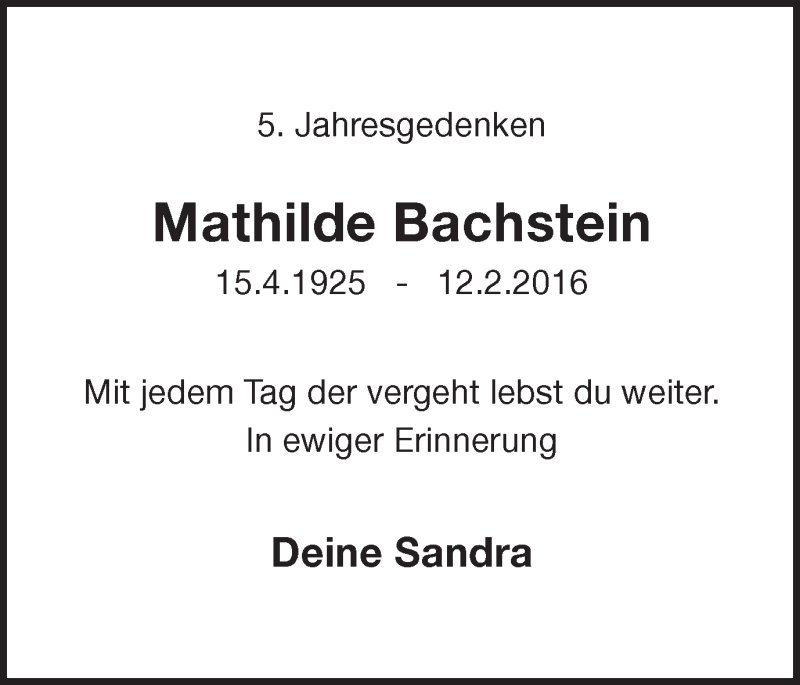  Traueranzeige für Mathilde Bachstein vom 12.02.2021 aus 