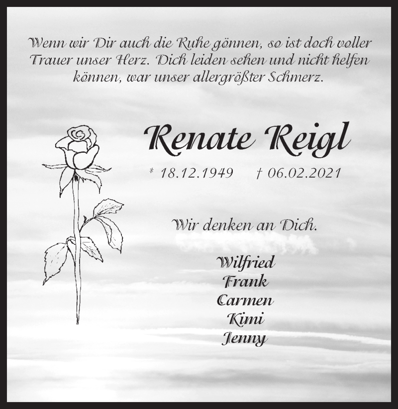  Traueranzeige für Renate Reigl vom 09.02.2021 aus 