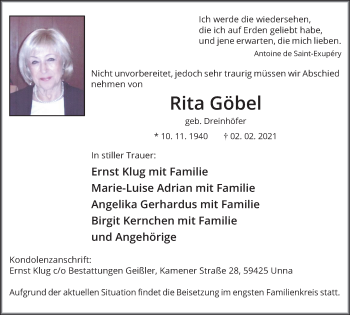 Traueranzeige von Rita Göbel von Hellweger Anzeiger