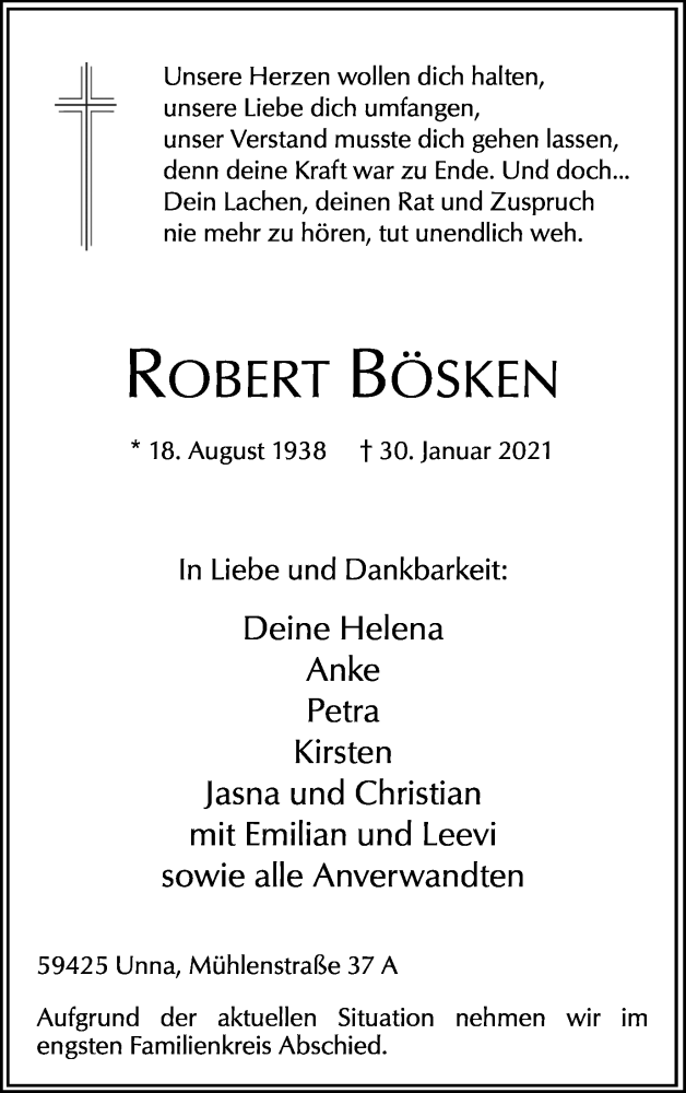  Traueranzeige für Robert Bösken vom 03.02.2021 aus Hellweger Anzeiger