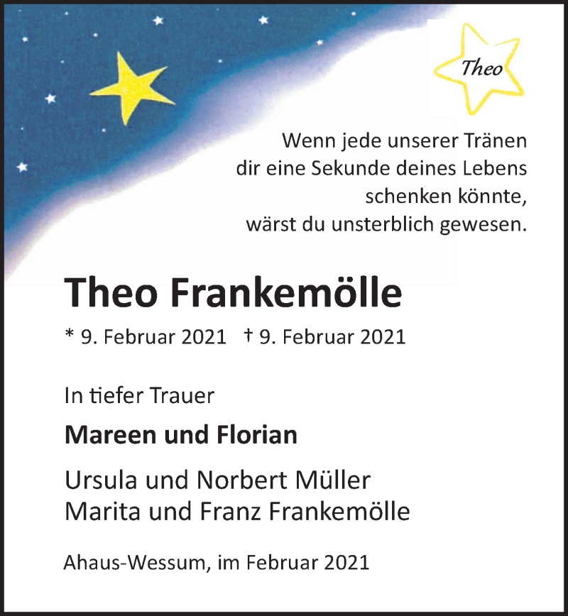  Traueranzeige für Theo Frankemölle vom 13.02.2021 aus Münstersche Zeitung und Münsterland Zeitung