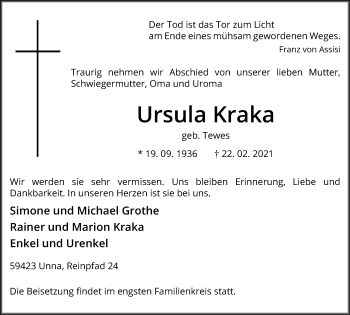 Traueranzeige von Ursula Kraka von Hellweger Anzeiger