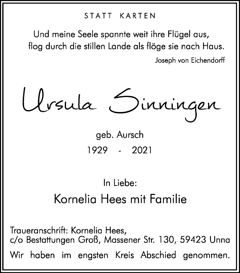  Traueranzeige für Ursula Sinningen vom 13.02.2021 aus Hellweger Anzeiger