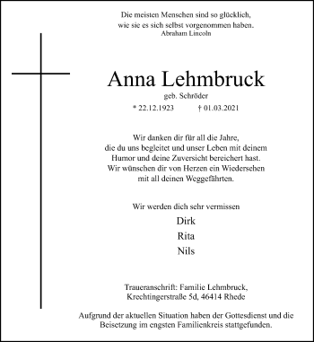 Traueranzeige von Anna Lehmbruck von Ruhr Nachrichten und Dorstener Zeitung