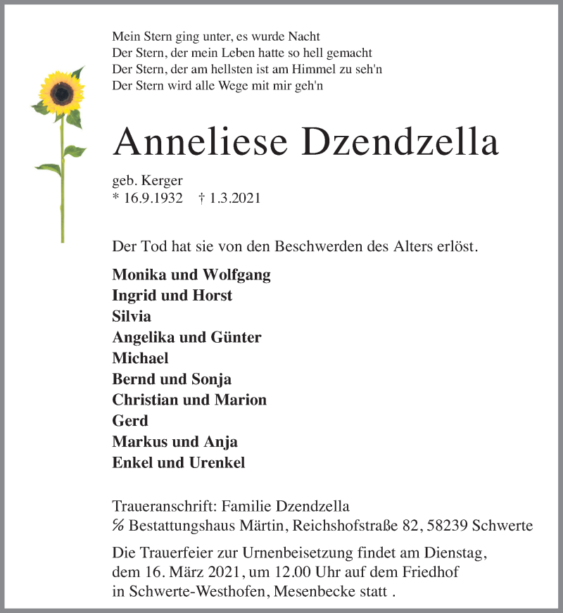  Traueranzeige für Anneliese Dzendzella vom 06.03.2021 aus Ruhr Nachrichten