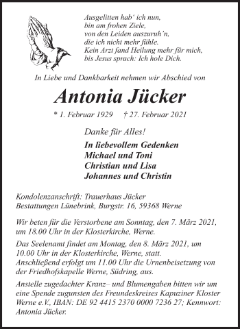 Traueranzeige von Antonia Jücker von Ruhr Nachrichten