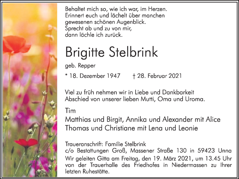  Traueranzeige für Brigitte Stelbrink vom 10.03.2021 aus Hellweger Anzeiger