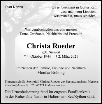 Traueranzeige von Christa Roeder von Ruhr Nachrichten und Halterner Zeitung