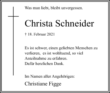 Traueranzeige von Christa Schneider von Ruhr Nachrichten