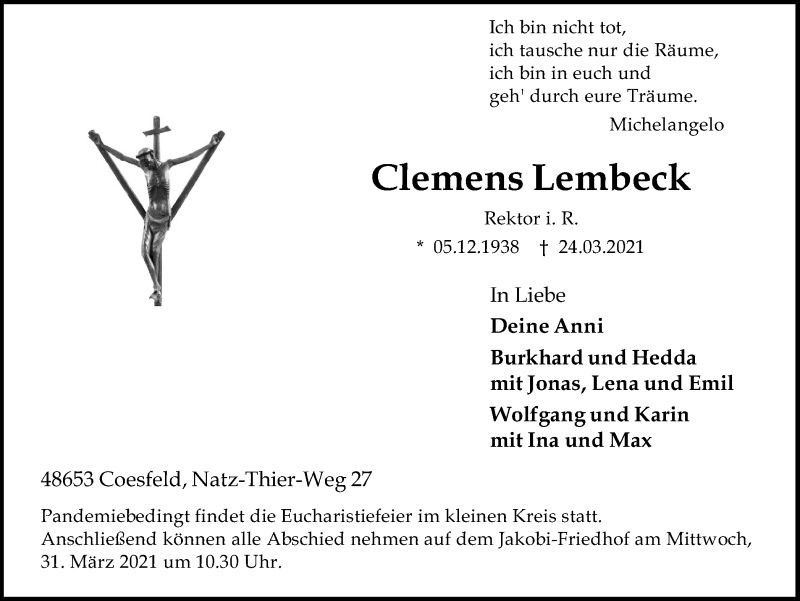  Traueranzeige für Clemens Lembeck vom 27.03.2021 aus Münstersche Zeitung und Münsterland Zeitung