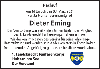 Traueranzeige von Dieter Eming von Ruhr Nachrichten und Halterner Zeitung