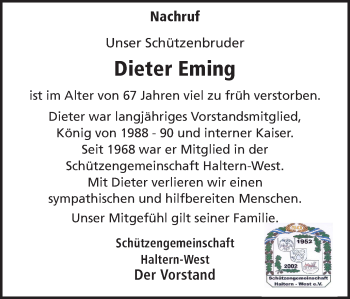 Traueranzeige von Dieter Eming von Ruhr Nachrichten und Halterner Zeitung