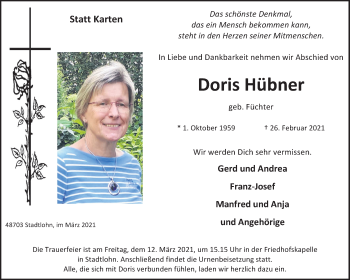 Traueranzeige von Doris Hübner von Münstersche Zeitung und Münsterland Zeitung