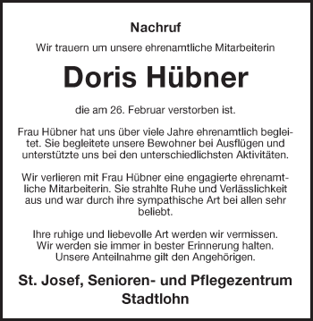 Traueranzeige von Doris Hübner von Münstersche Zeitung und Münsterland Zeitung