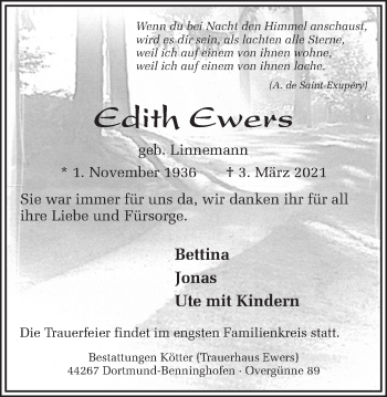 Traueranzeige von Edith Ewers 