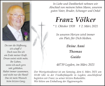 Traueranzeige von Franz Völker von Münstersche Zeitung und Münsterland Zeitung