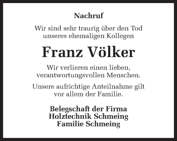 Traueranzeige von Franz Völker von Münstersche Zeitung und Münsterland Zeitung