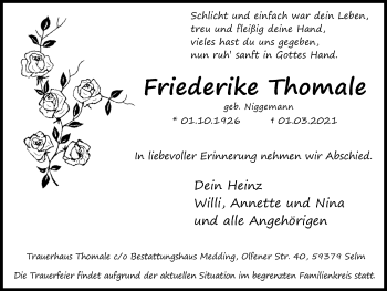 Traueranzeige von Friederike Thomale 