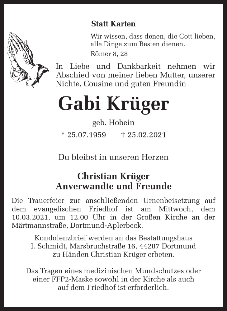  Traueranzeige für Gabi Krüger vom 03.03.2021 aus 