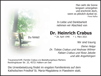 Traueranzeige von Heinrich Crabus von Ruhr Nachrichten und Halterner Zeitung