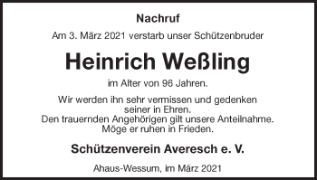 Traueranzeige von Heinrich Weßling von Münstersche Zeitung und Münsterland Zeitung