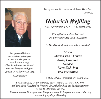 Traueranzeige von Heinrich Weßling von Münstersche Zeitung und Münsterland Zeitung