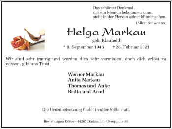 Traueranzeige von Helga Markau 