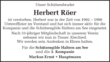 Traueranzeige von Herbert Röer von Ruhr Nachrichten und Halterner Zeitung