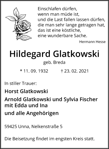 Traueranzeige von Hildegard Glatkowski von Hellweger Anzeiger