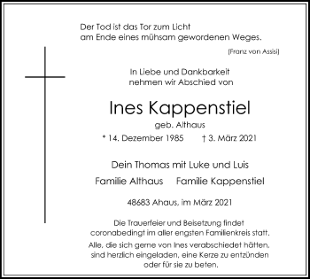 Traueranzeige von Ines Kappenstiel von Münstersche Zeitung und Münsterland Zeitung