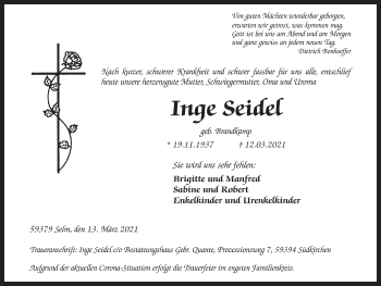 Traueranzeige von Inge Seidel von Ruhr Nachrichten