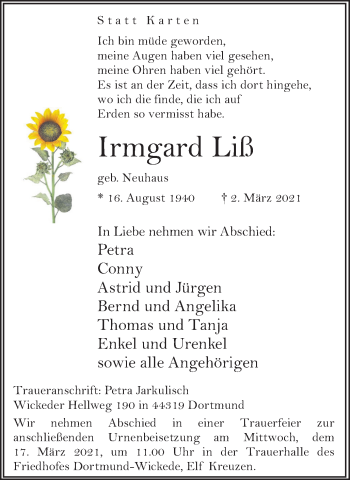 Traueranzeige von Irmgard Liß 