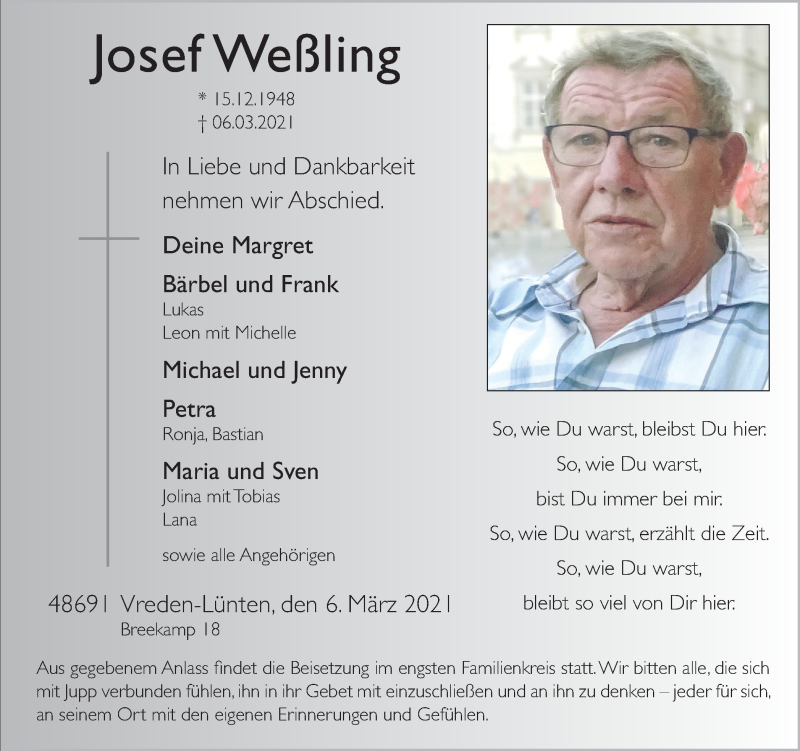  Traueranzeige für Josef Weßling vom 10.03.2021 aus Münstersche Zeitung und Münsterland Zeitung