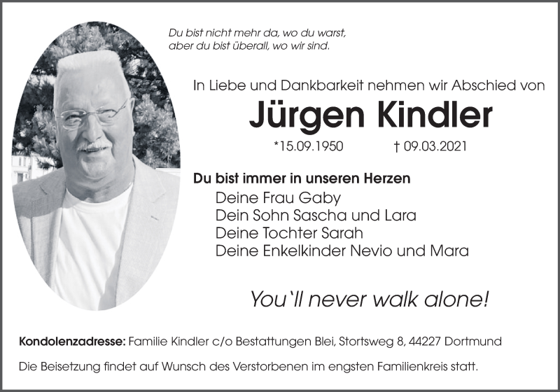  Traueranzeige für Jürgen Kindler vom 20.03.2021 aus 