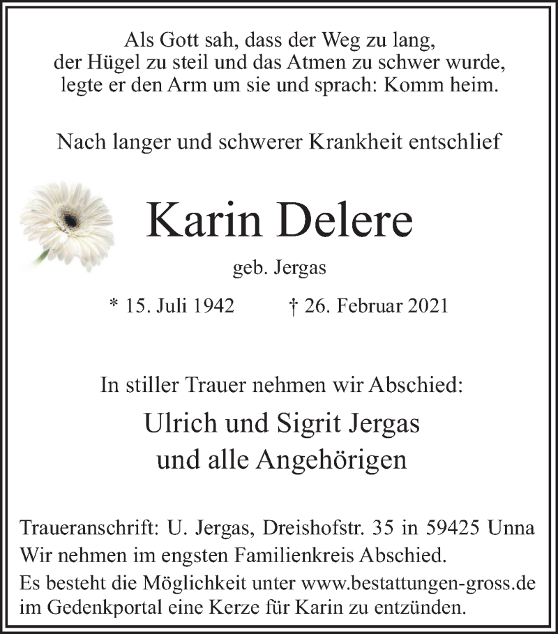  Traueranzeige für Karin Delere vom 06.03.2021 aus Hellweger Anzeiger