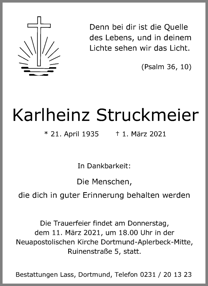  Traueranzeige für Karlheinz Struckmeier vom 06.03.2021 aus 