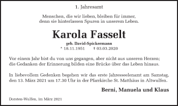 Traueranzeige von Karola Fasselt von Ruhr Nachrichten und Dorstener Zeitung