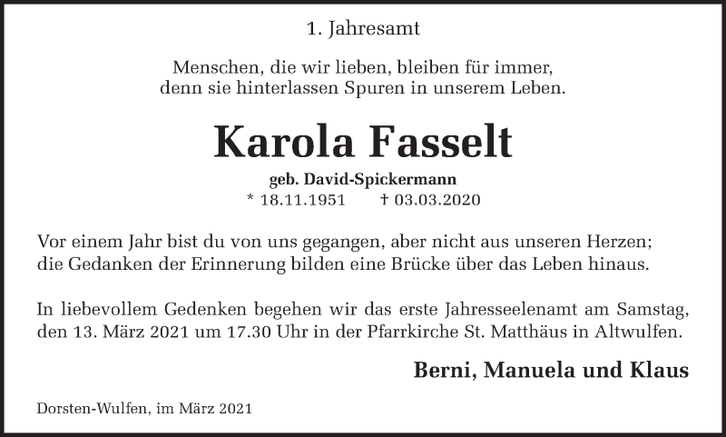  Traueranzeige für Karola Fasselt vom 03.03.2021 aus Ruhr Nachrichten und Dorstener Zeitung