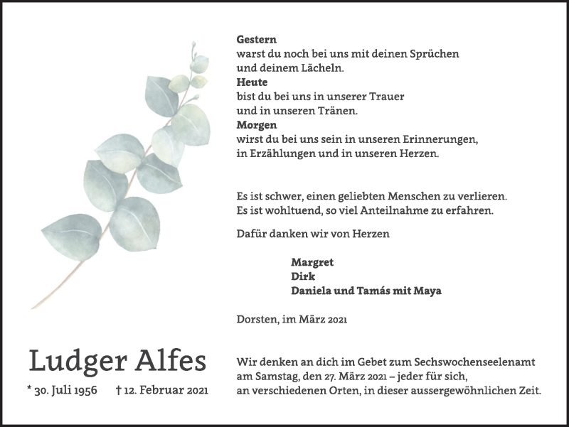  Traueranzeige für Ludger Alfes vom 24.03.2021 aus Ruhr Nachrichten und Dorstener Zeitung