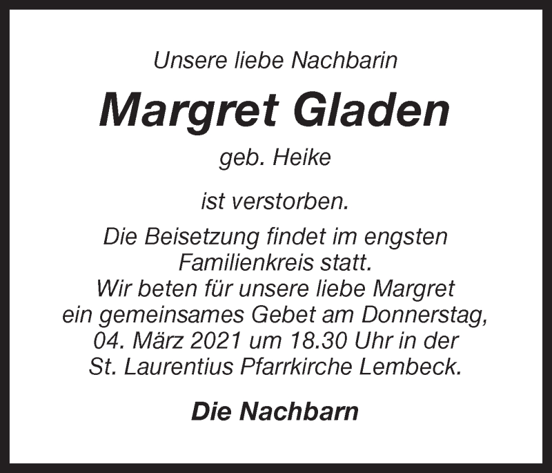  Traueranzeige für Margret Gladen vom 03.03.2021 aus Ruhr Nachrichten und Dorstener Zeitung